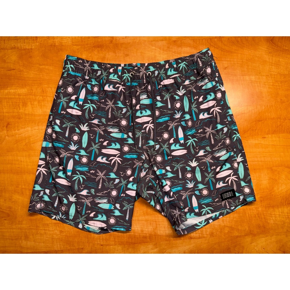 ONeill Mens Tropical Surf Print Swim Trunks Charcoal Gray‎ Teal Pink Medium